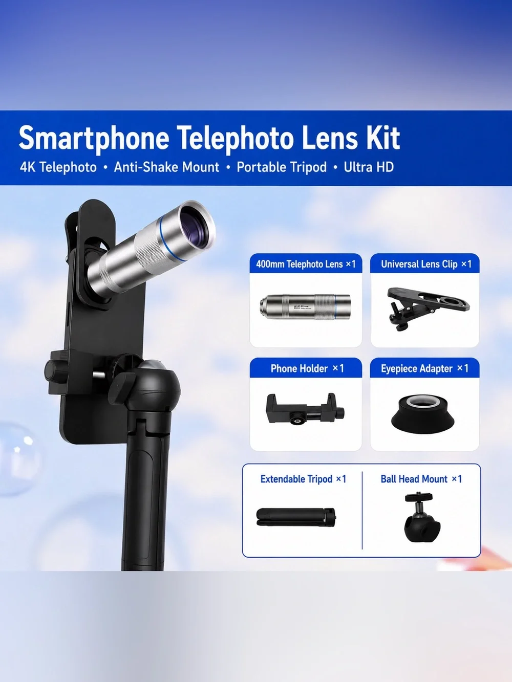 400mm Telephoto Lens Kit 17mm Thread for iPhone Android w/ Tripod & Clip